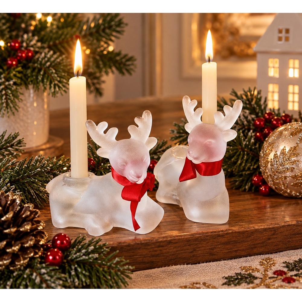 Vintage ROC 1980s Frosted Glass Reindeer Candle Holders Set of 2 Christmas Decor